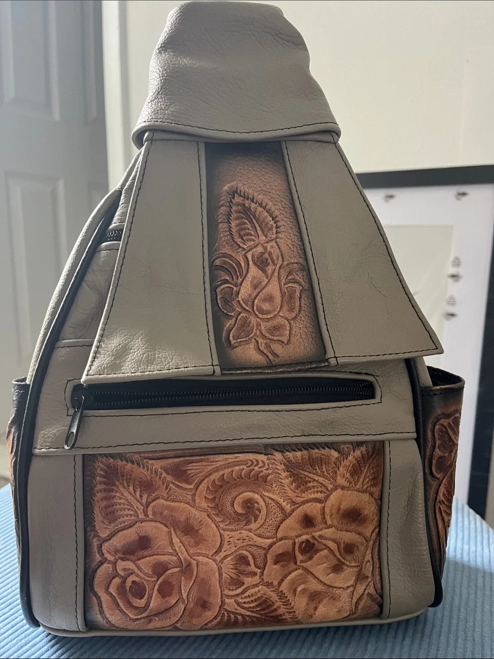 Source Unknown Gray & Brown Floral Tooled Leather Backpack